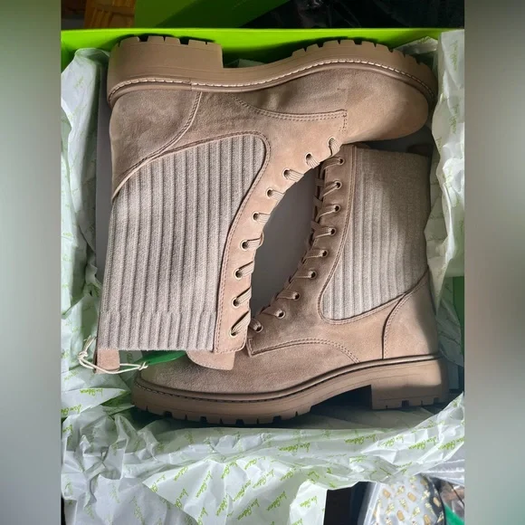 NIB Sam Edelman Lydell Combat Sesame Suede Tan Knit Sock Ankle Boots size 8.5 - Picture 6 of 12